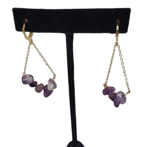 18k Gold Plated Chain Drop Amethyst Huggie Hoop Earring - Picture 1 of 3